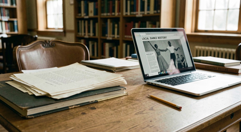 Archival folders, a laptop and a pencil sit on a library table while local dance history is being checked.