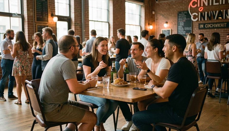 A small Cincinnati dance gathering shares conversation around a venue table after an evening social.