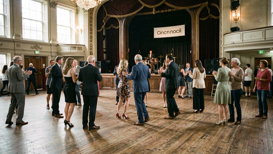A historic Cincinnati ballroom is prepared for a social dance with a bandstand and open wooden floor.