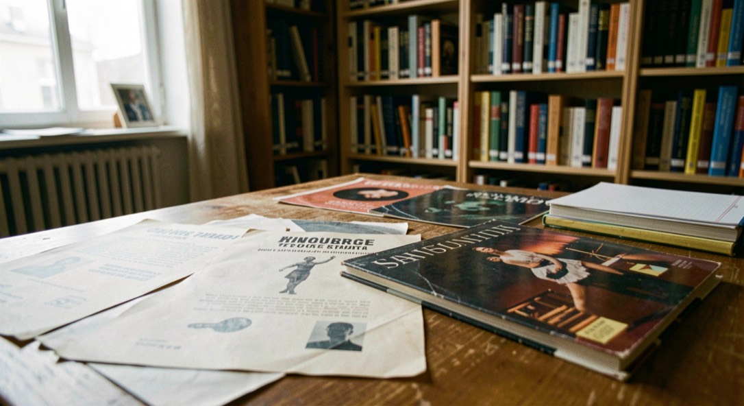 Archival dance flyers, record sleeves and a notebook are arranged on a library table in afternoon light.