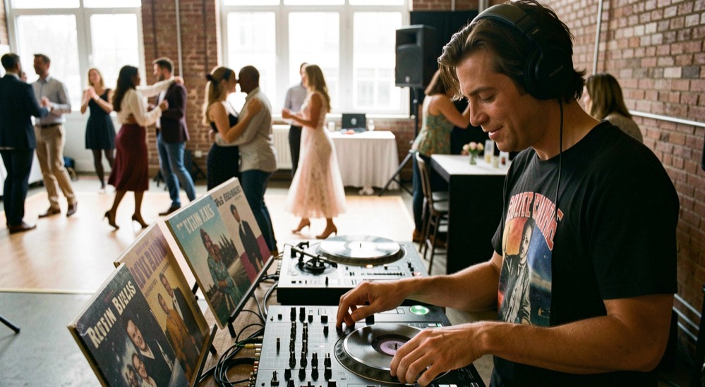 A DJ cues rhythm and blues records beside a small dance floor with moving couples in soft focus.