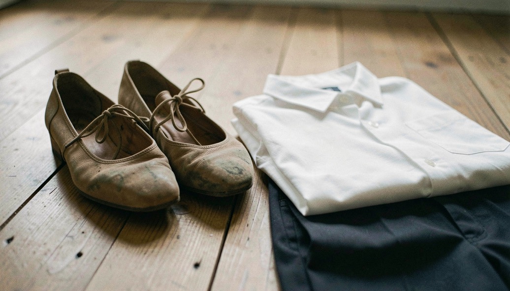 Worn dance shoes and a neatly folded social dance outfit rest beside a wooden floor.
