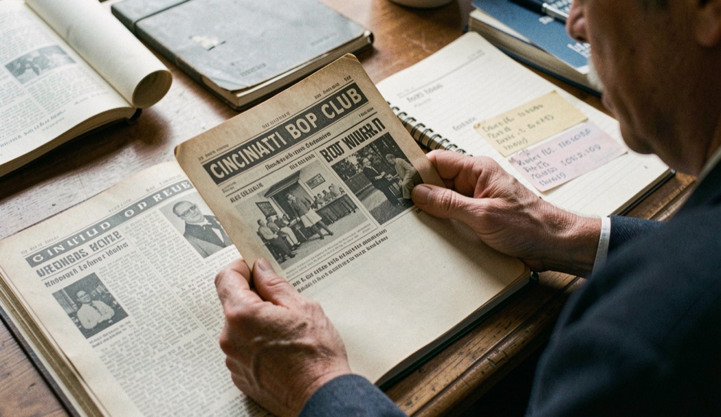A reader compares an old Cincinnati Bop Club printout with a notebook and a dated archive index.