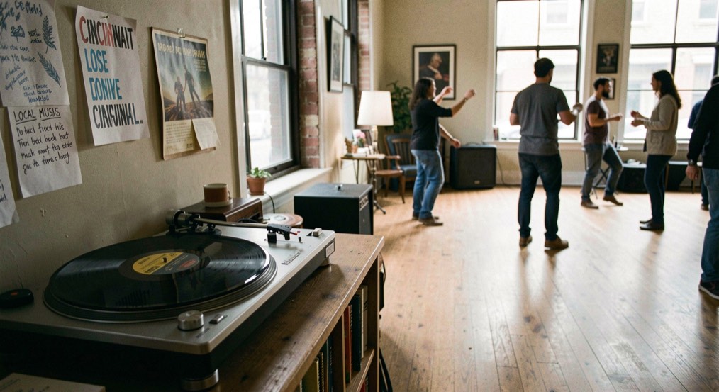 A Cincinnati listening room shows a record player, local music notes and an open space for dancers.