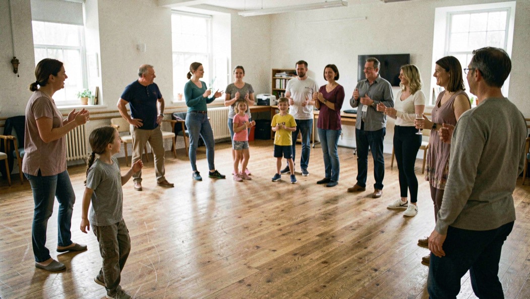 A welcoming dance room settles after a lesson as beginners and regulars talk around the edge of the floor.