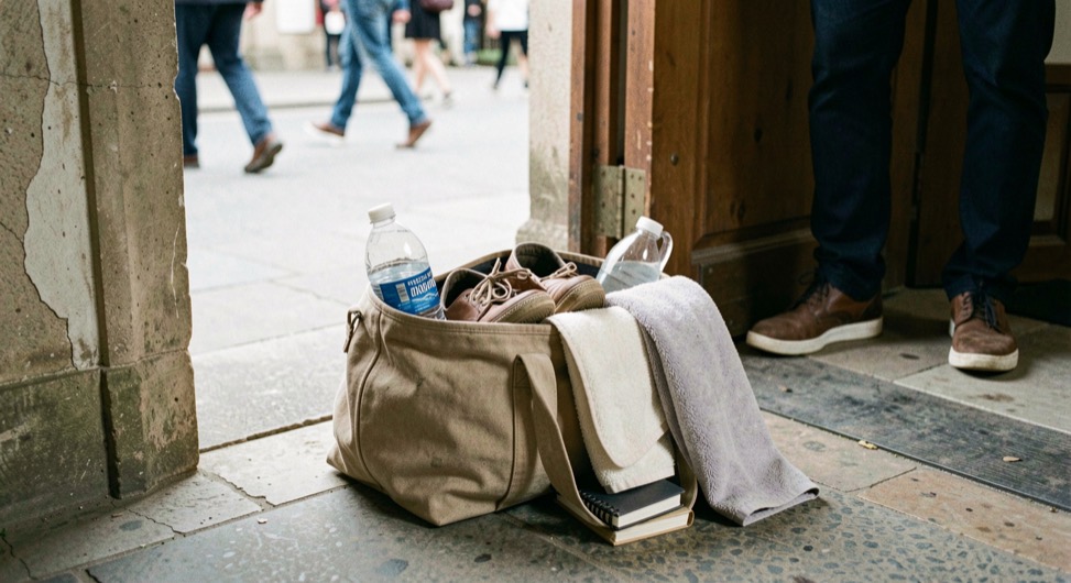 An open canvas dance bag holds shoes, water, a towel and a notebook beside a venue doorway.