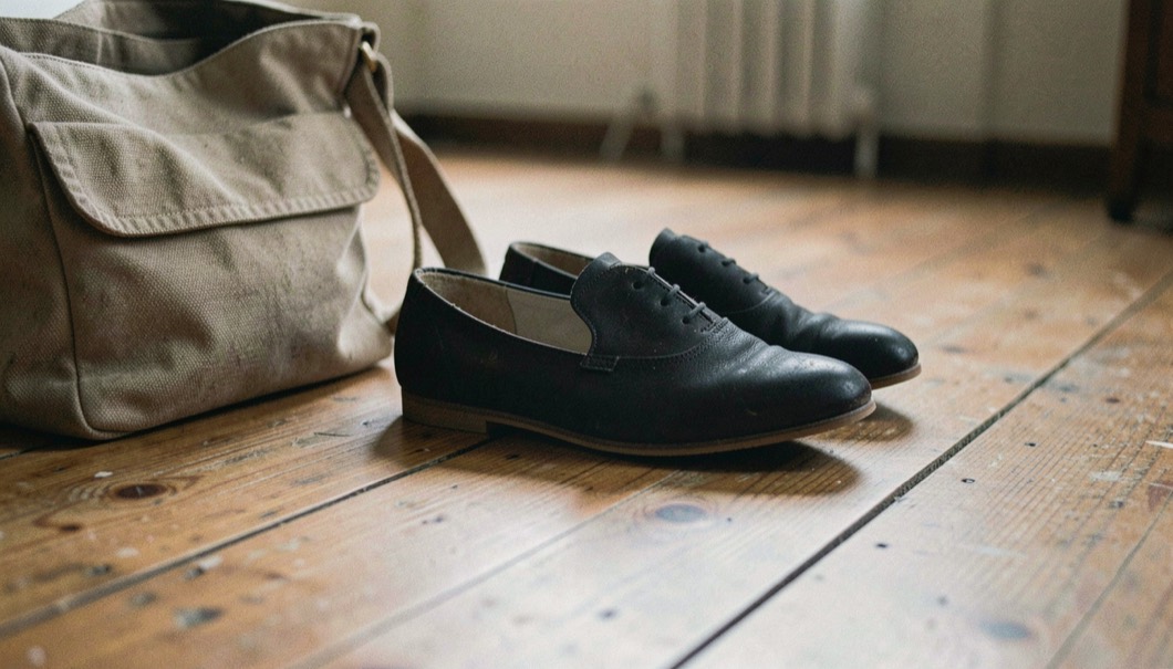 Low-profile social dance shoes with flexible soles rest on a worn hardwood floor beside a cloth bag.