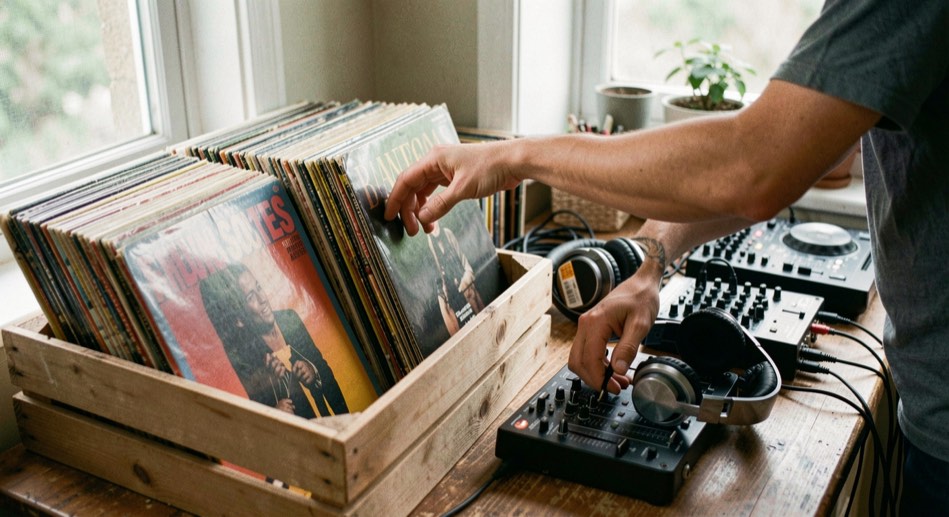 A DJ selects rhythm and blues records from an organised crate beside headphones and a small mixer.