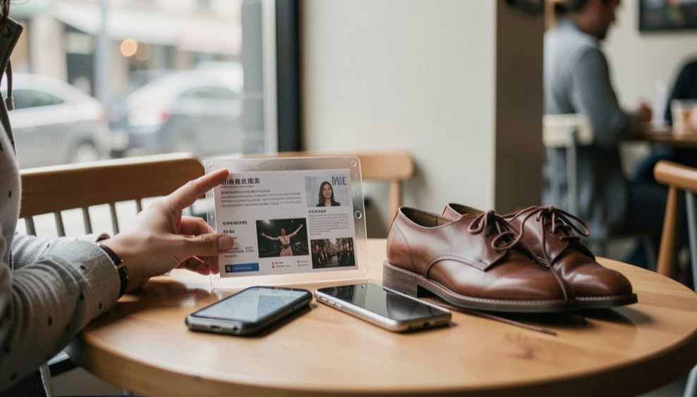 A dancer studies a clear event card beside a phone and a pair of shoes at a cafe table.