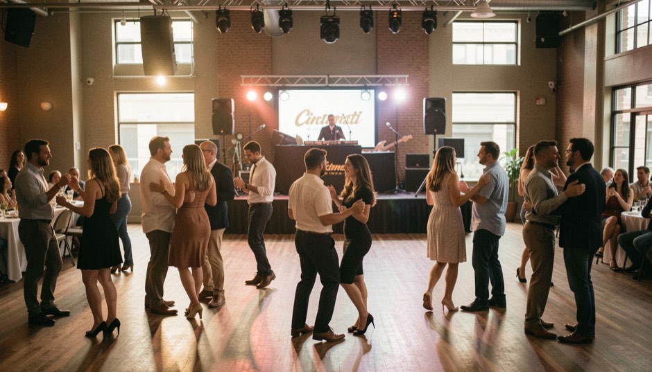 A wide Cincinnati social dance floor with couples moving through warm light while a DJ and band area sit in the distance.