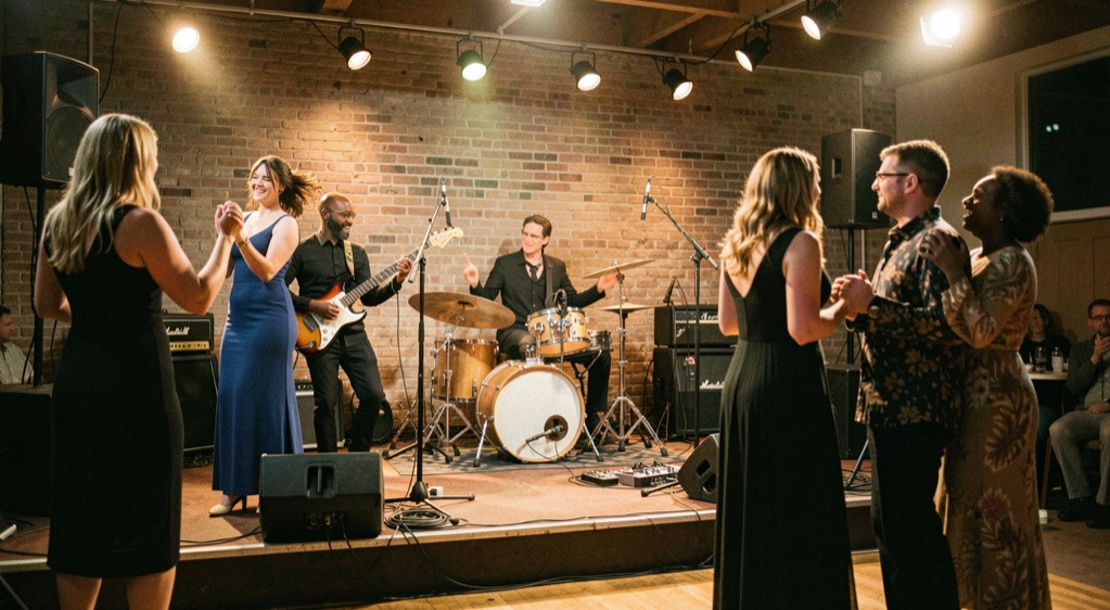 A compact live rhythm and blues band plays from a low stage while couples dance beneath warm practical lights.