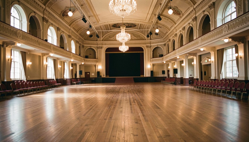 The restored Music Hall ballroom shows its broad hardwood floor and historic details beneath warm ceiling lights.