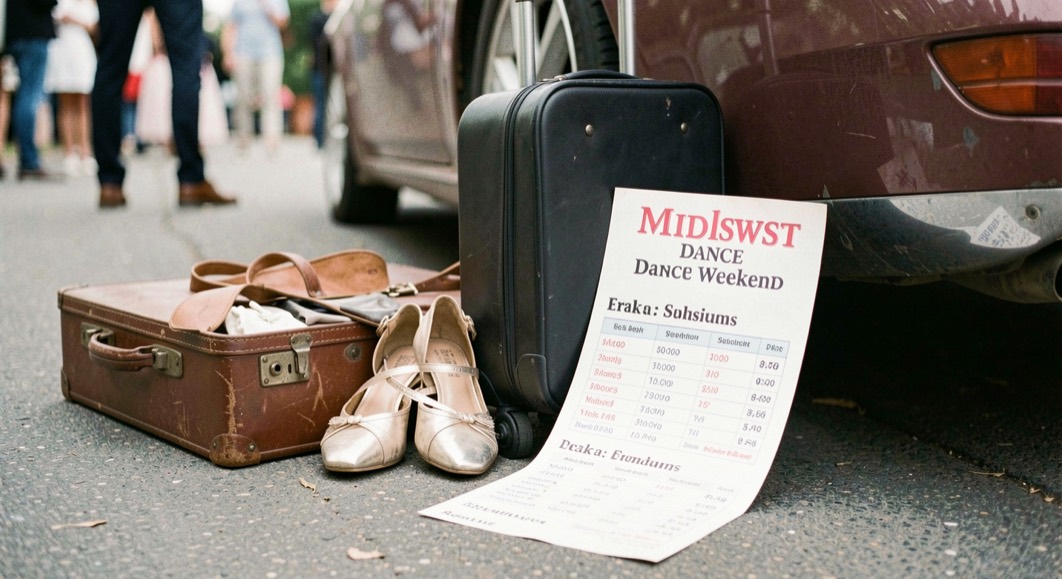 A suitcase, dance shoes and a folded event schedule sit ready beside a car before a Midwest dance weekend.