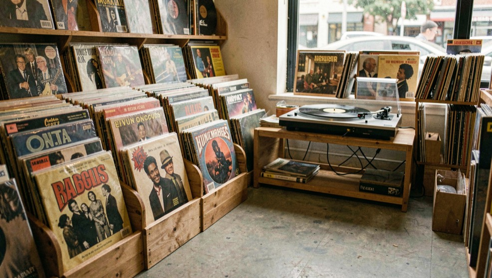 A warm record shop listening corner holds rhythm and blues sleeves, a turntable and a clear patch of floor.