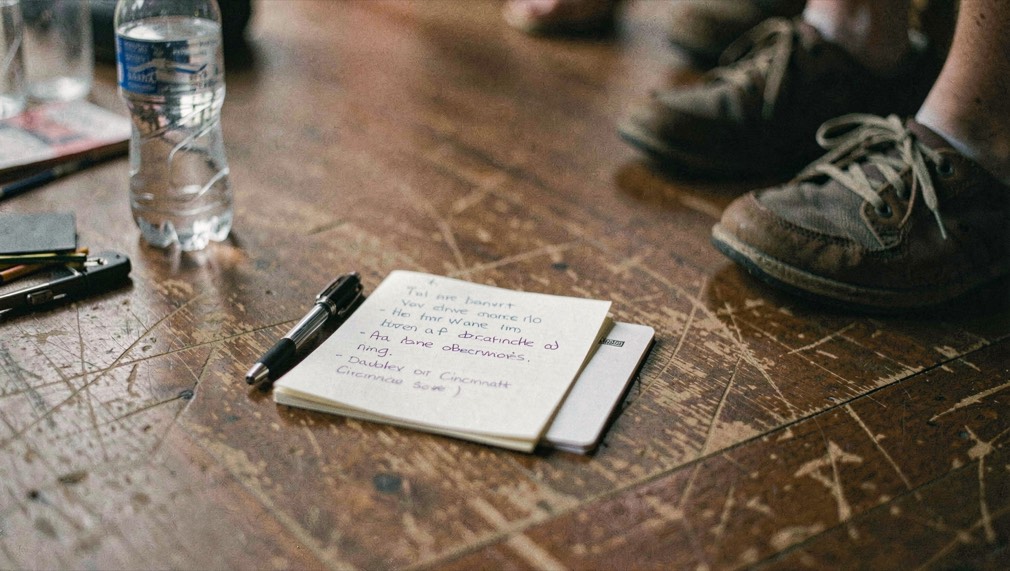 A small notebook records dance-floor observations beside a pen, water bottle and shoes after a Cincinnati social.