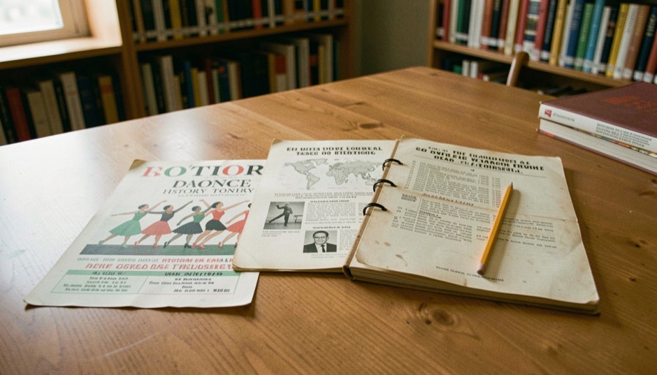 Archival flyers, a dated index and a pencil arranged for a local dance history timeline on a library table.