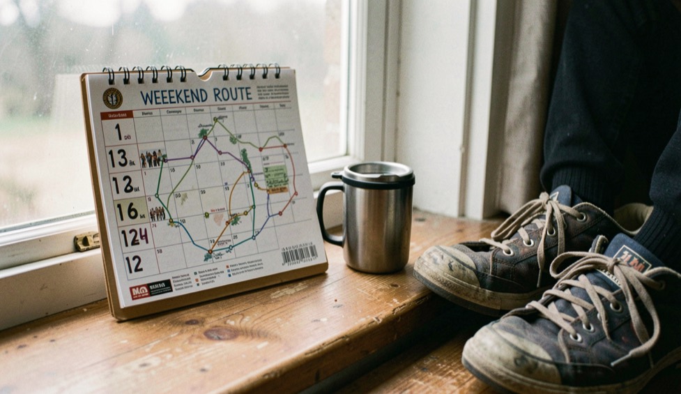 A regional dance calendar, travel mug and worn shoes sit beside a window while a weekend route is being planned.