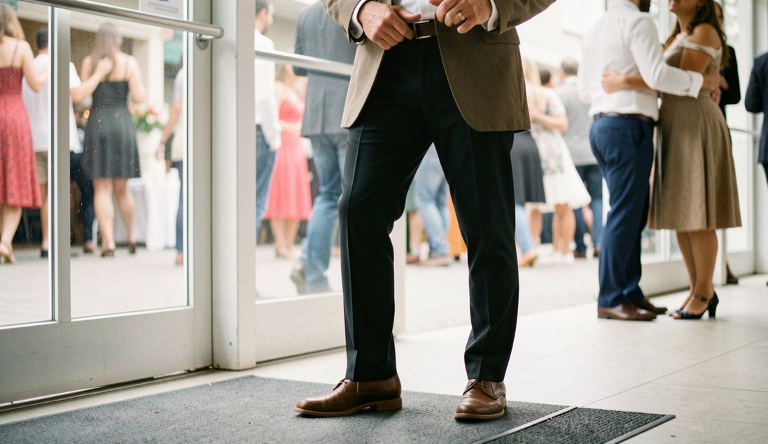 A practical social dance outfit hangs near a bright venue entrance with comfortable shoes below.
