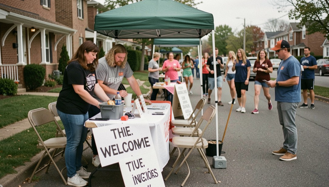 Volunteers arrange a welcome desk, chairs and directional cards before dancers arrive at a neighbourhood event.