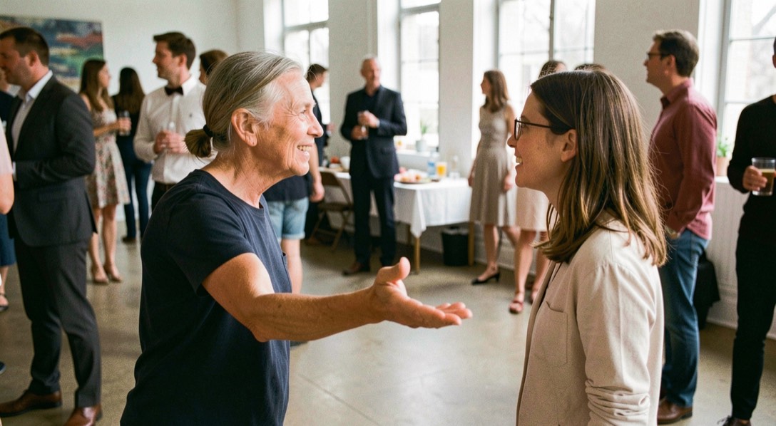 An experienced dancer greets a newcomer near the edge of a social floor with an open gesture.